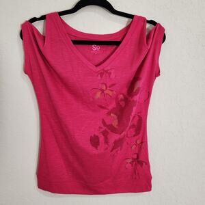 SO Hot Pink Floral Cutout Shoulder Top - Soft & Flowy Y2K - Juniors Medium